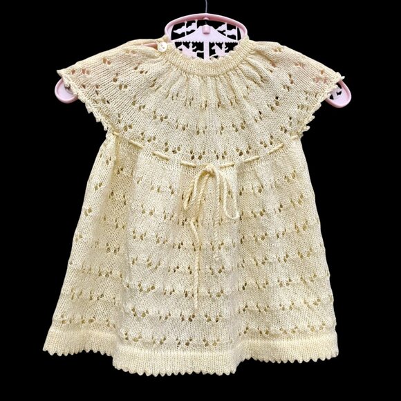 Vintage Hand Knit Baby Dress & Booties Set Off White Crochet Edges Pom Poms - Picture 3 of 10